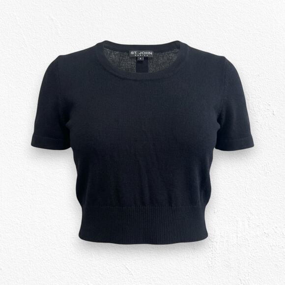 Vintage 1990s St. John Black Short Sleeve Knit Sweater Top Ribbed Hem Size Small